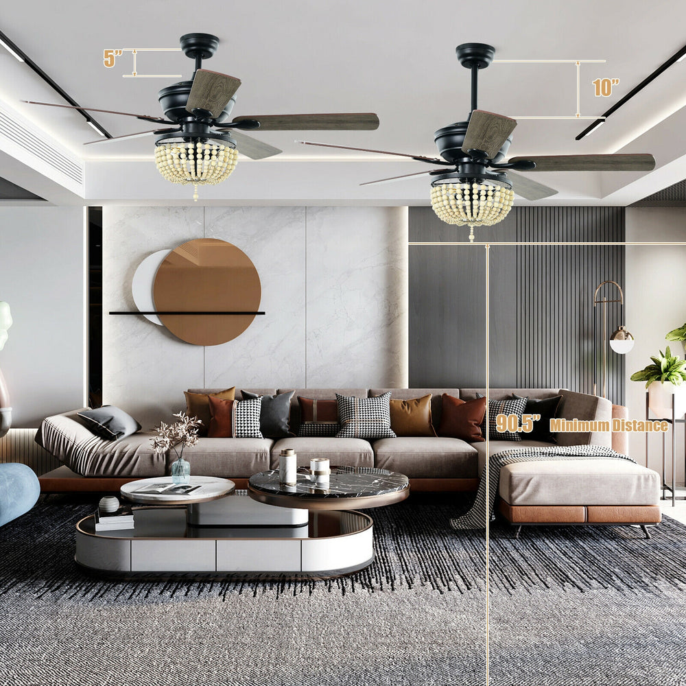 52-inch retro ceiling fan with beads lampshade, remote control, and reversible blades, ideal for medium to large rooms.