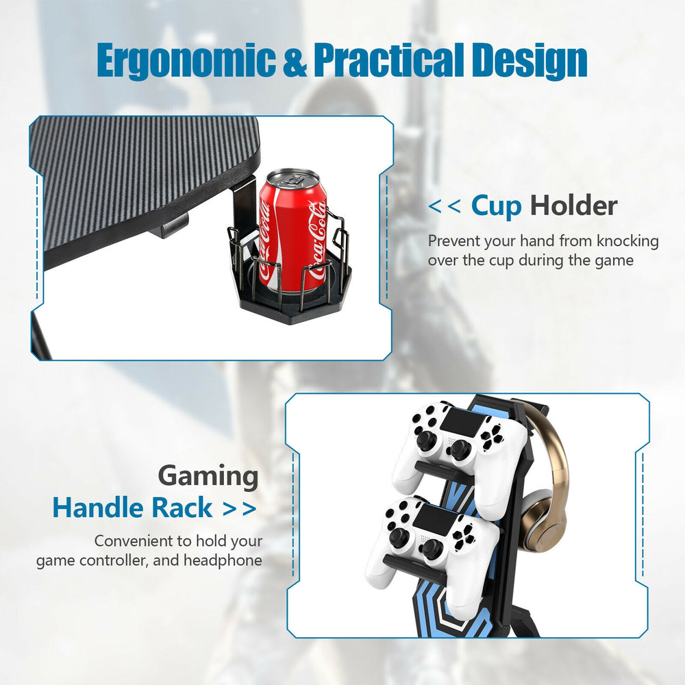 Gaming desk with cup holder and handle rack, featuring a carbon fiber texture and blue LED lights for a stylish look.