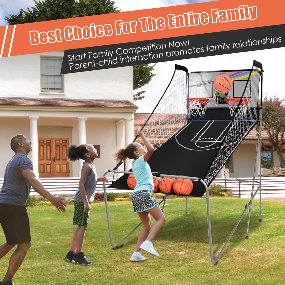 Foldable double electronic basketball game with two hoops and four balls, perfect for family fun and competition.