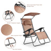 Folding recliner lounge chair in brown with adjustable sun shade canopy and cup holder, perfect for outdoor relaxation.
