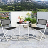 Patio folding bistro set featuring two black textile fiber chairs and a round glass-top table, ideal for outdoor spaces.