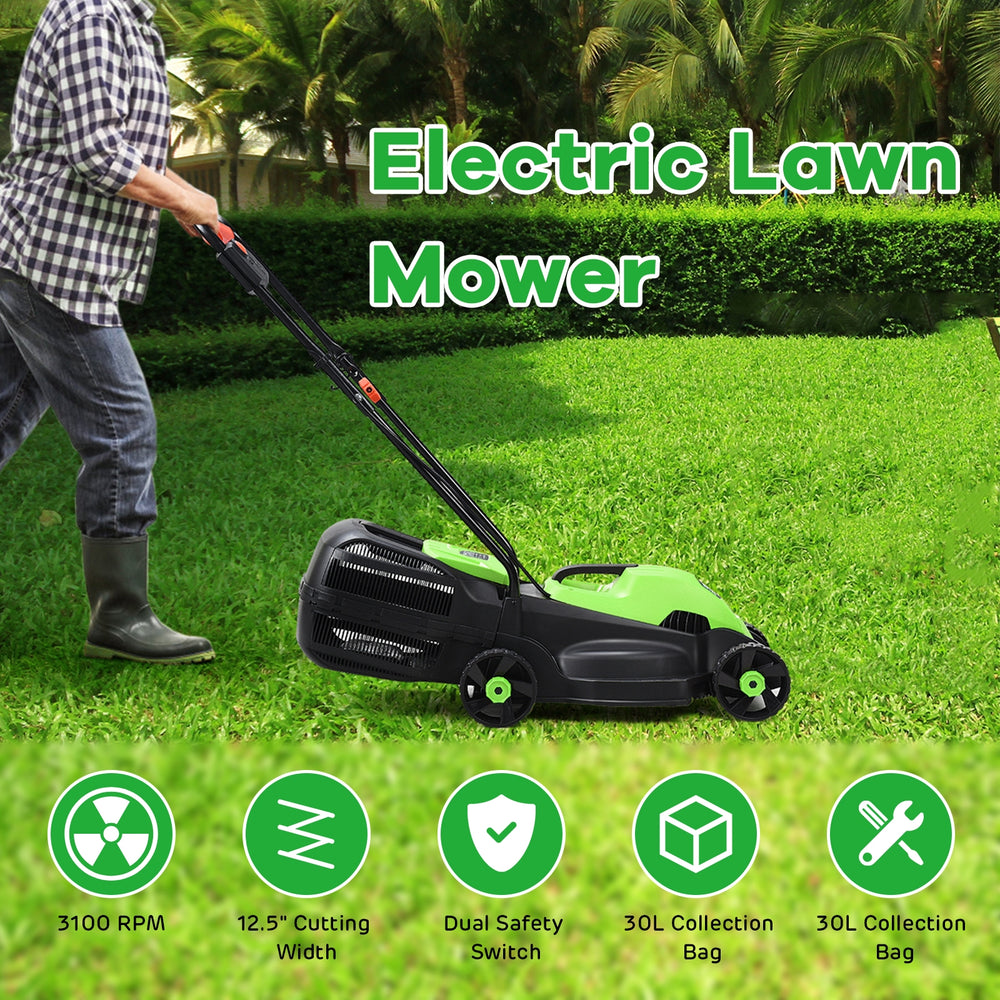 Electric lawn mower with 12.5" cutting width, ergonomic handle, and 30L collection bag for efficient yard maintenance.