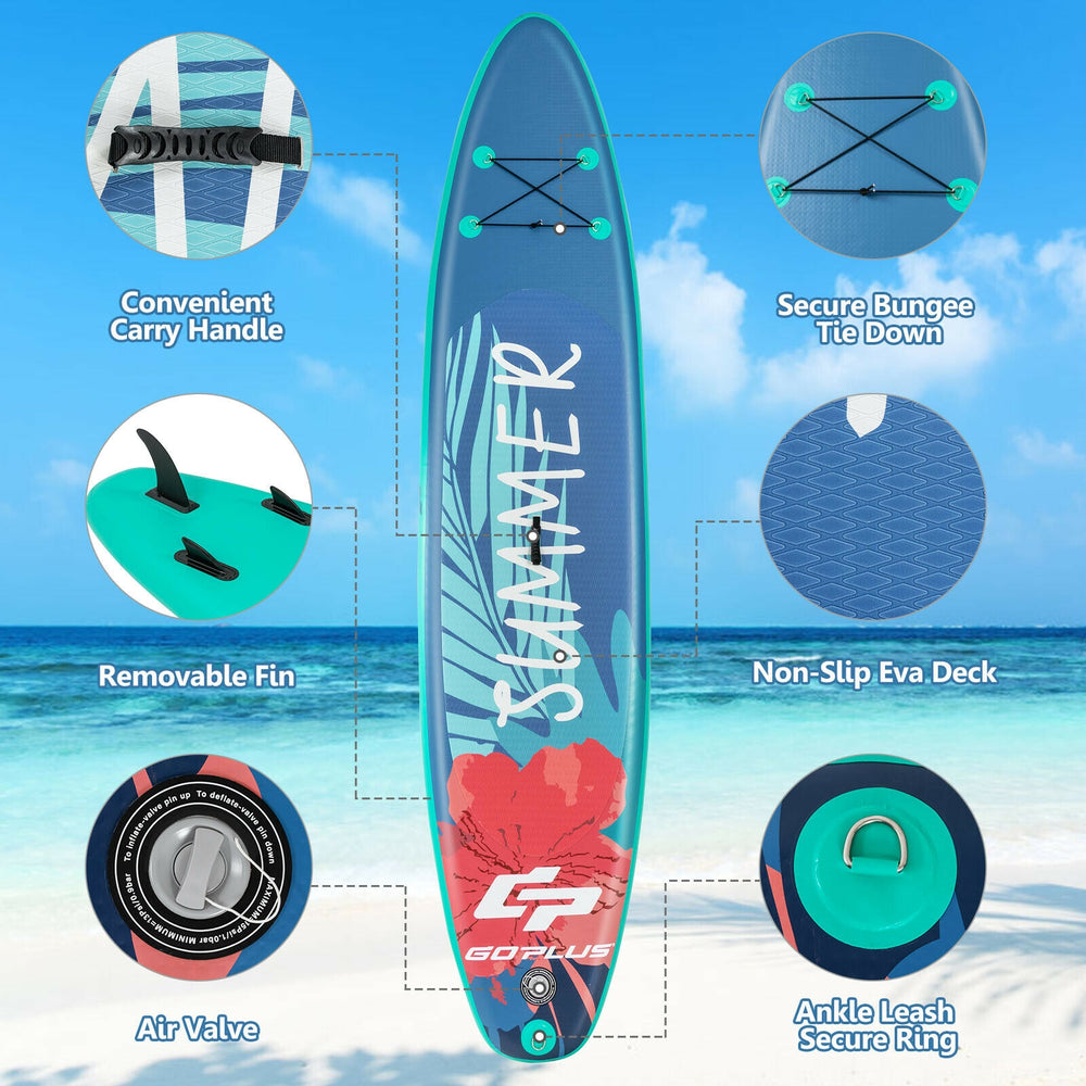 10-foot inflatable stand-up paddle board with non-slip deck, removable fins, and bungee cords for water activities.