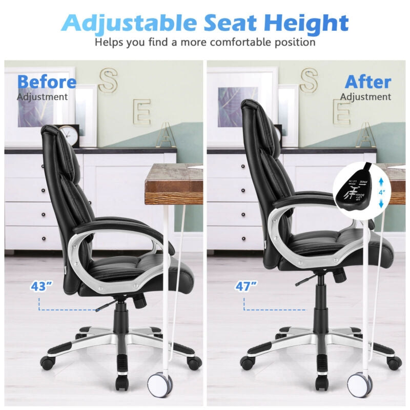 Adjustable high back leather executive chair showing seat height adjustment from 43" to 47" for personalized comfort.