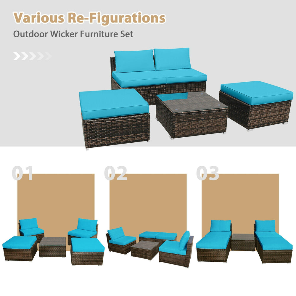 5-piece patio rattan furniture set with turquoise cushions, featuring armless sofas and a coffee table for outdoor.