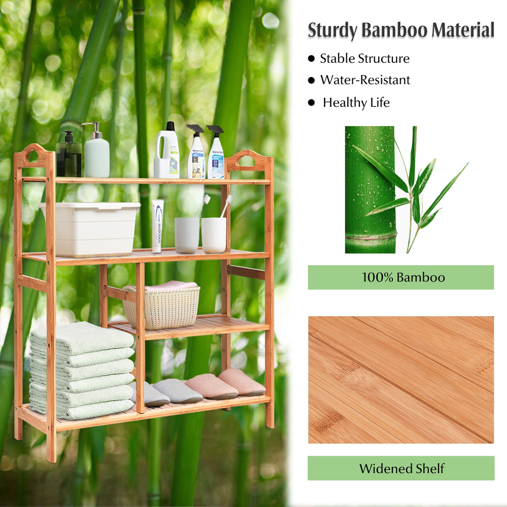 Four-tier bamboo storage shoe rack with slatted design, ideal for entryway or bathroom organization.