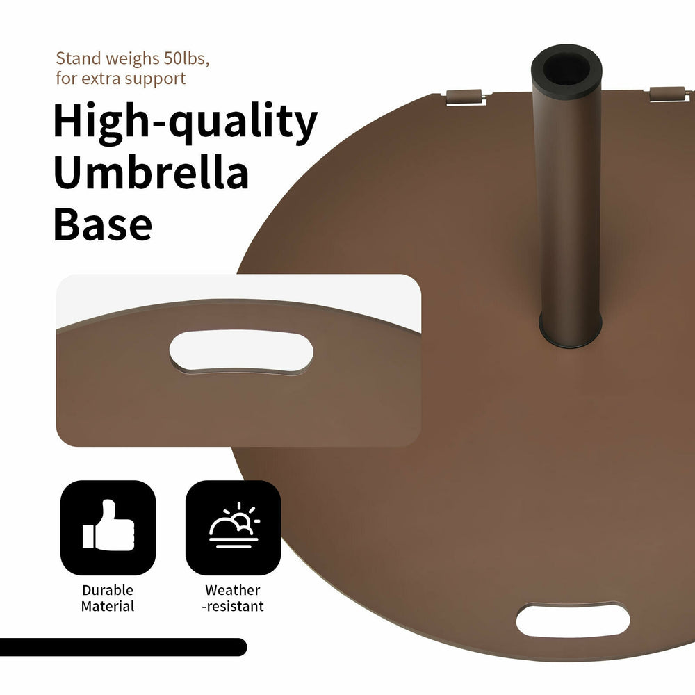 High-quality 50 lbs umbrella base stand with wheels, durable metal frame, and weather-resistant for patio stability.