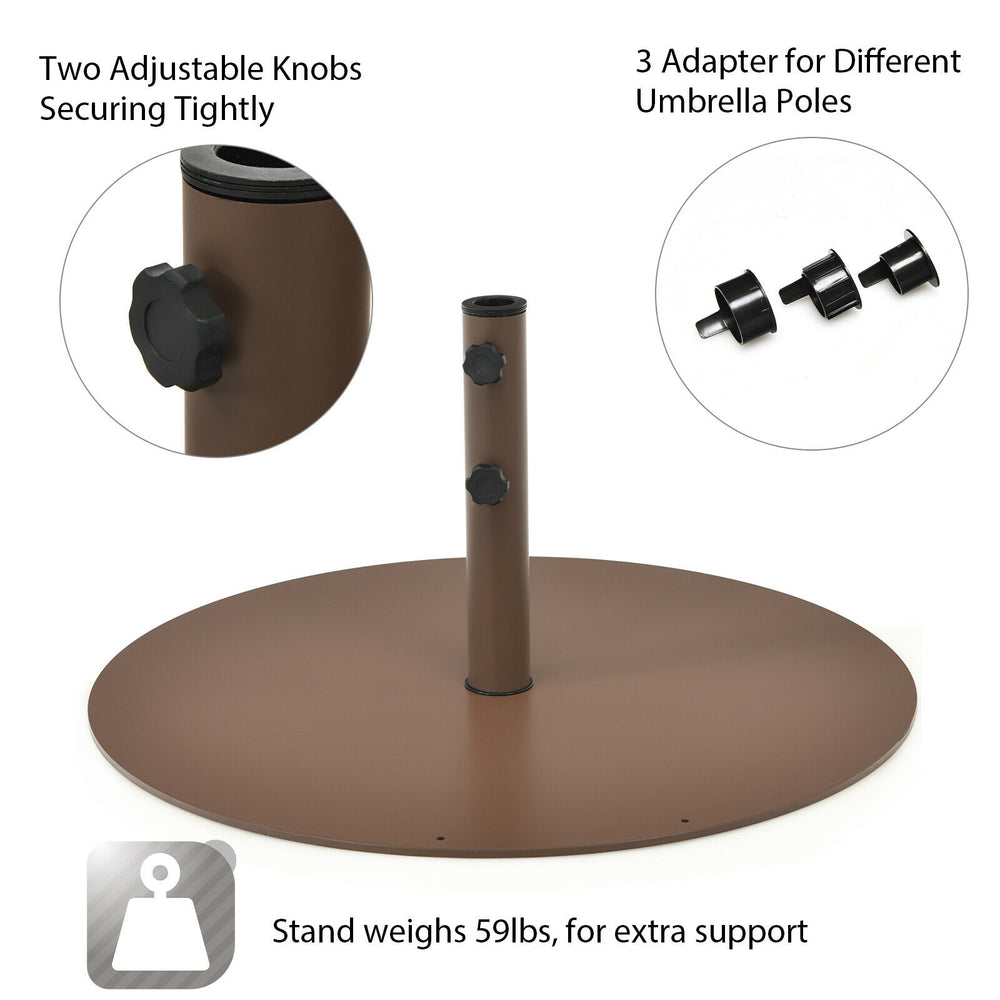 29.5-inch outdoor steel umbrella base stand with two adjustable knobs and three adapters for secure support in windy.
