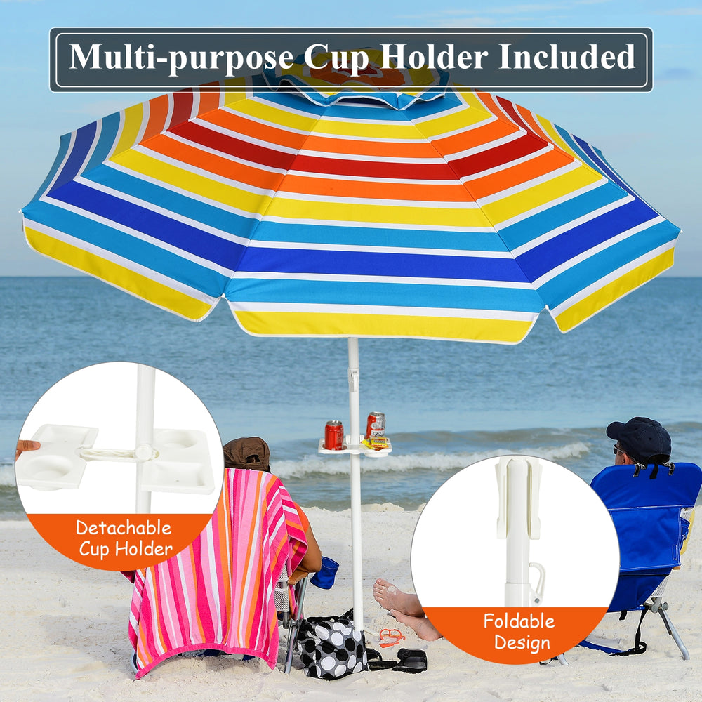 Multicolor 7.2ft portable beach umbrella with tilt mechanism and detachable cup holder, perfect for beach and patio use.