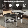 Elegant black tempered glass oval coffee table with two bottom shelves for storage, perfect for living room use.