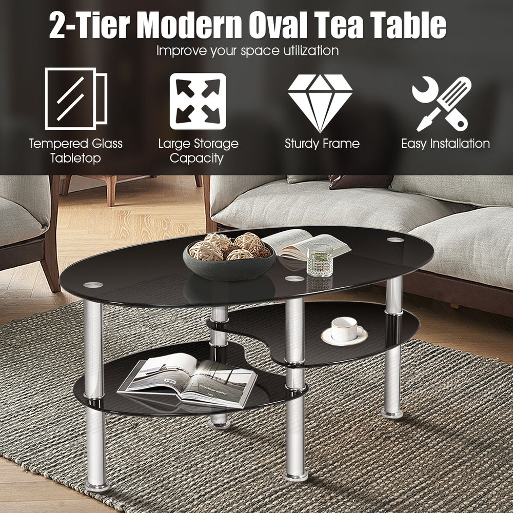 Elegant black tempered glass oval coffee table with two bottom shelves for storage, perfect for living room use.