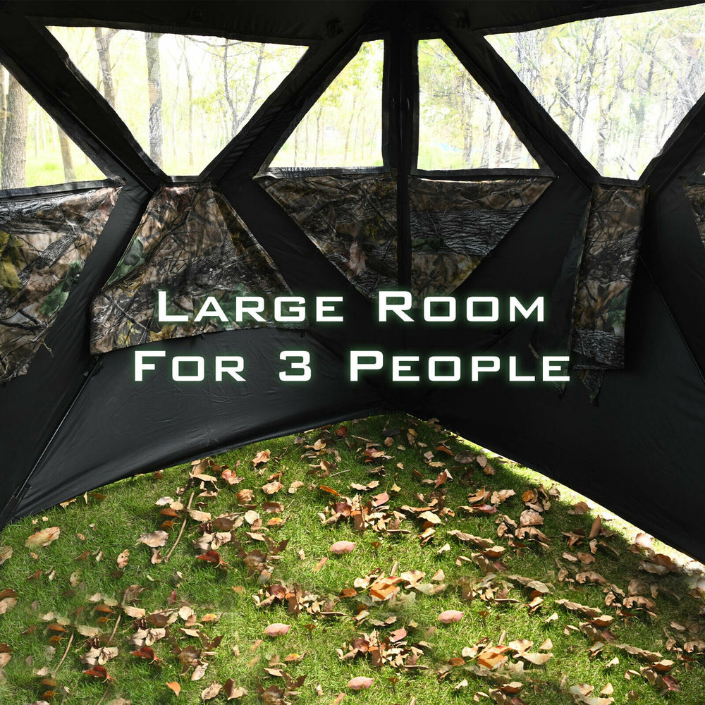 Spacious interior of the 3 Person Portable Pop-Up Hunting Blind with camouflage design for enhanced concealment.