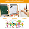 Kids art easel featuring a blackboard, whiteboard, and paper roll for creative activities, height-adjustable for ages.