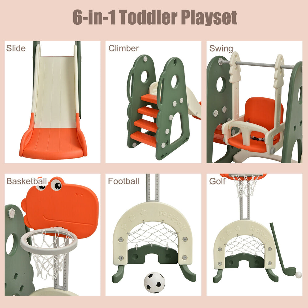 6-in-1 toddler playset featuring slide, swing, and ball games in orange, designed for safe and fun outdoor play.