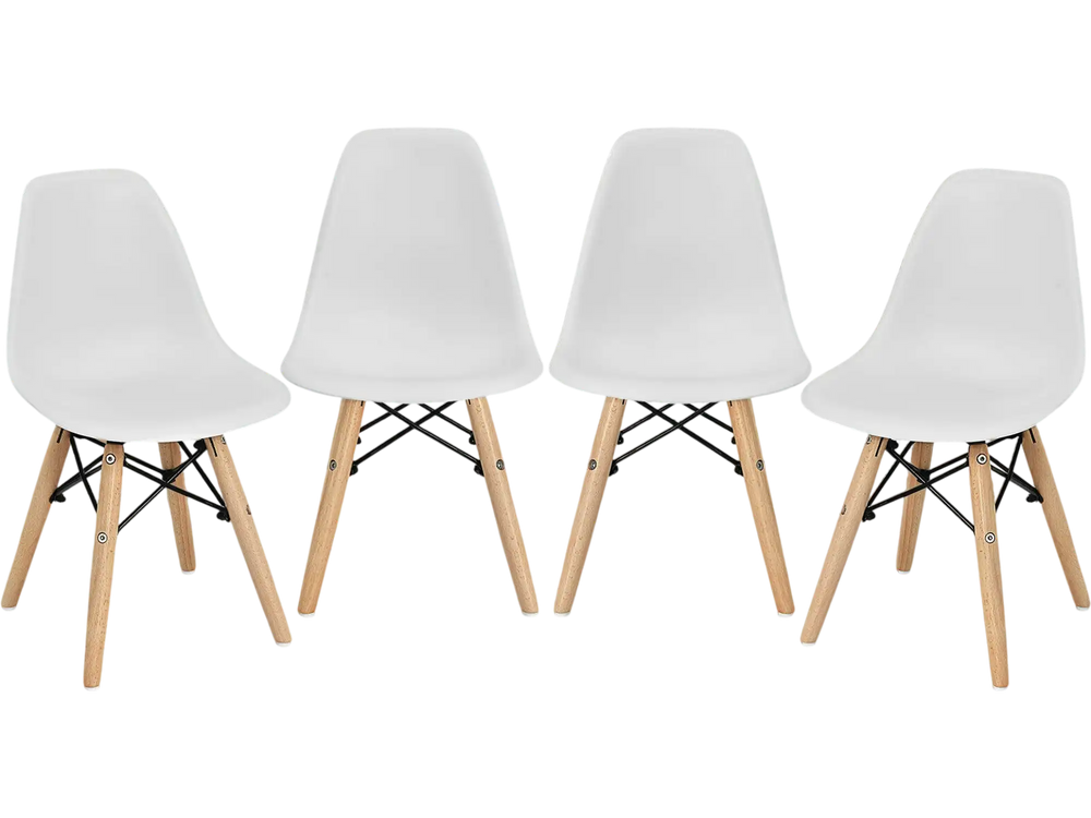 Set of four mini-sized white DSW dining chairs with wood legs, perfect for kids' playrooms and nurseries.