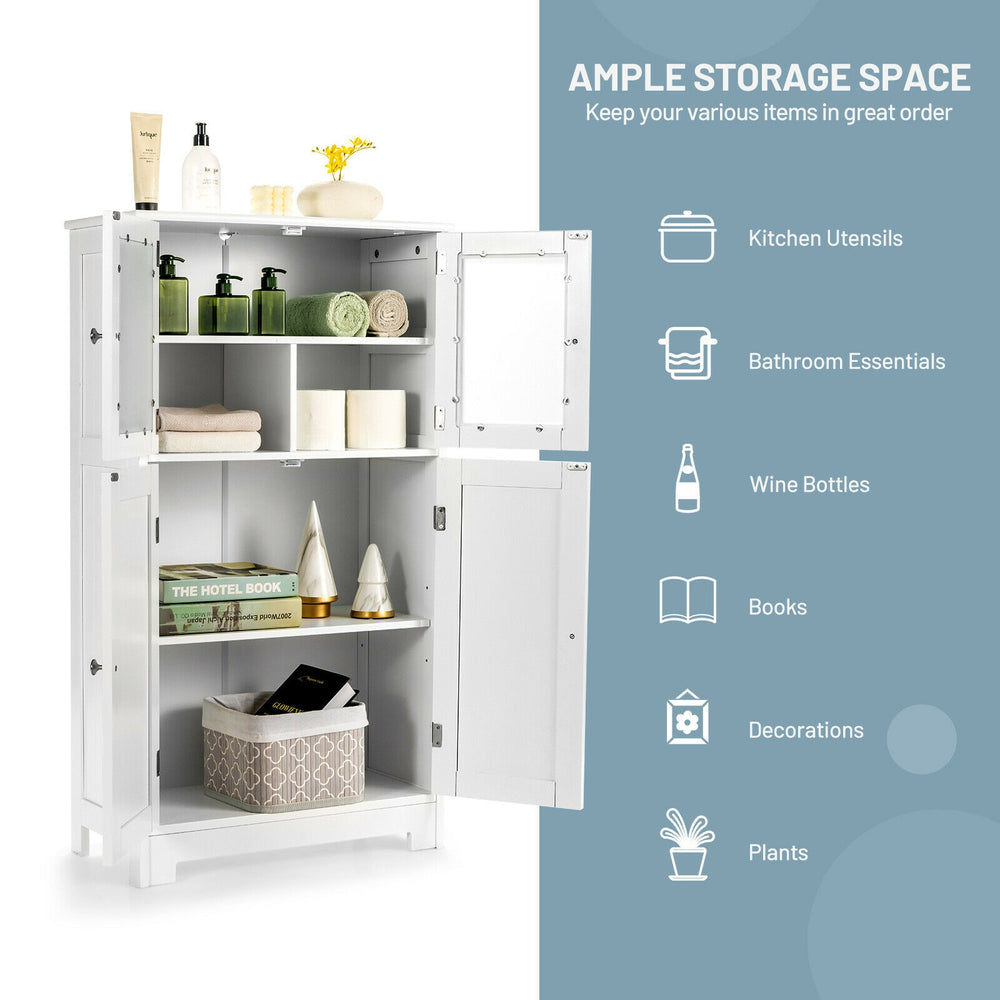 White bathroom floor storage locker with adjustable shelves, ideal for organizing kitchen and bathroom essentials.