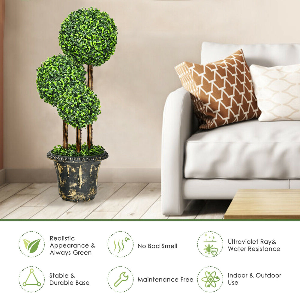 36-inch artificial topiary triple ball tree with vibrant green PE leaves in a decorative cement pot for indoor and.