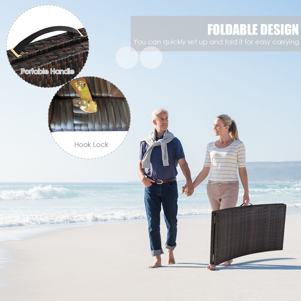 Folding patio lounger chair with premium wicker and heavy-duty steel, ideal for easy transport and outdoor relaxation.