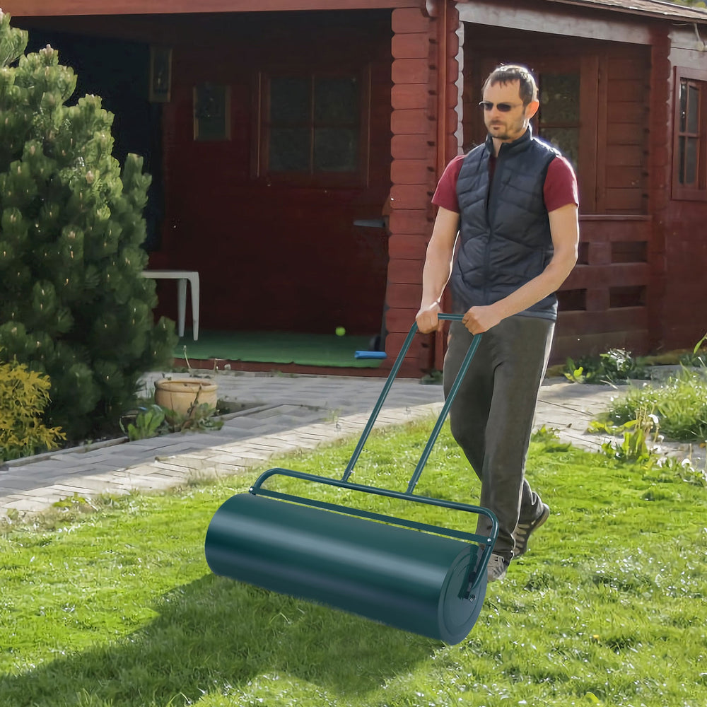 Lawn roller with U-shaped handle, 36 x 12 inches, for leveling ground and ensuring seed contact in gardens and patios.