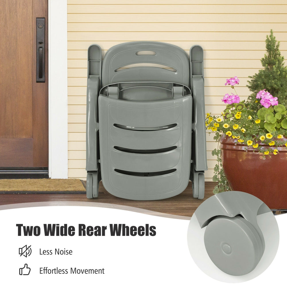 5-position adjustable folding lounger chaise chair in gray with two wide rear wheels for effortless movement and.