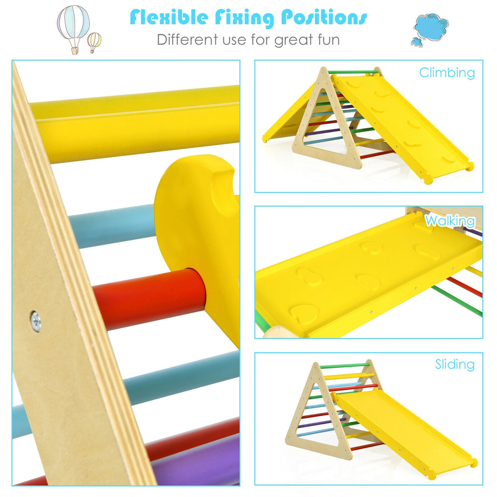 Kids triangle climber play gym set featuring a dual-side slide ramp for climbing and sliding, enhancing motor skills.