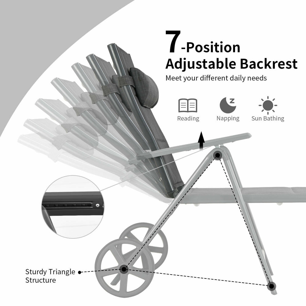 Adjustable backrest of the gray patio reclining chaise lounge with neck pillow, perfect for sunbathing or napping.