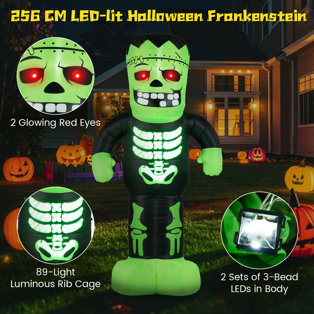 8.4 ft tall inflatable Halloween Frankenstein with glowing red eyes and 89-LED rib cage, perfect for outdoor displays.