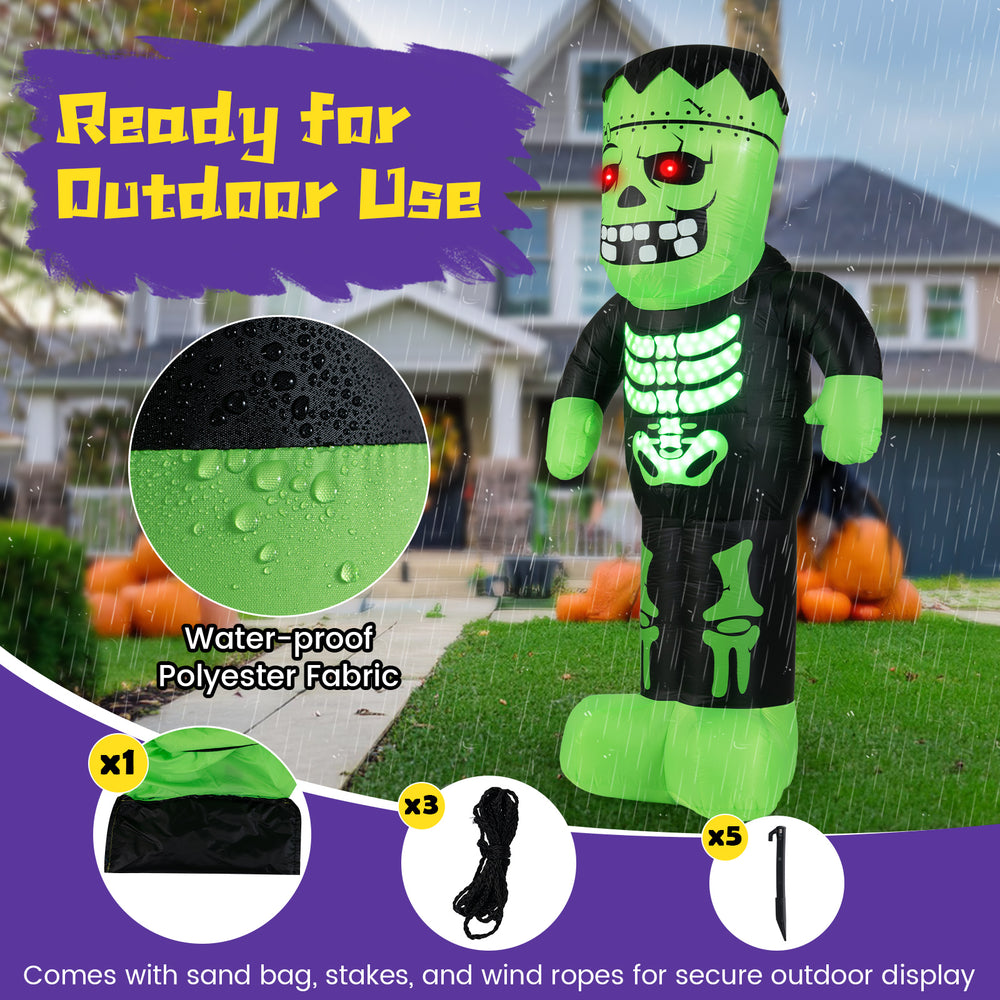 8.4 ft tall inflatable Frankenstein decoration with glowing eyes, waterproof fabric, and secure outdoor display.