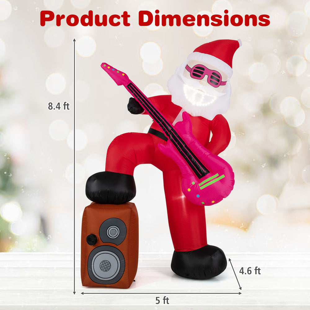 Inflatable Santa Claus standing 8.4 ft tall with LED lights, sound-synced effects, and extra speaker for festive fun.