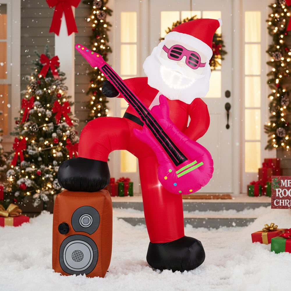 Inflatable Santa Claus playing guitar, 8.4 ft tall, with sound-synced lights and LED effects for festive outdoor decor.