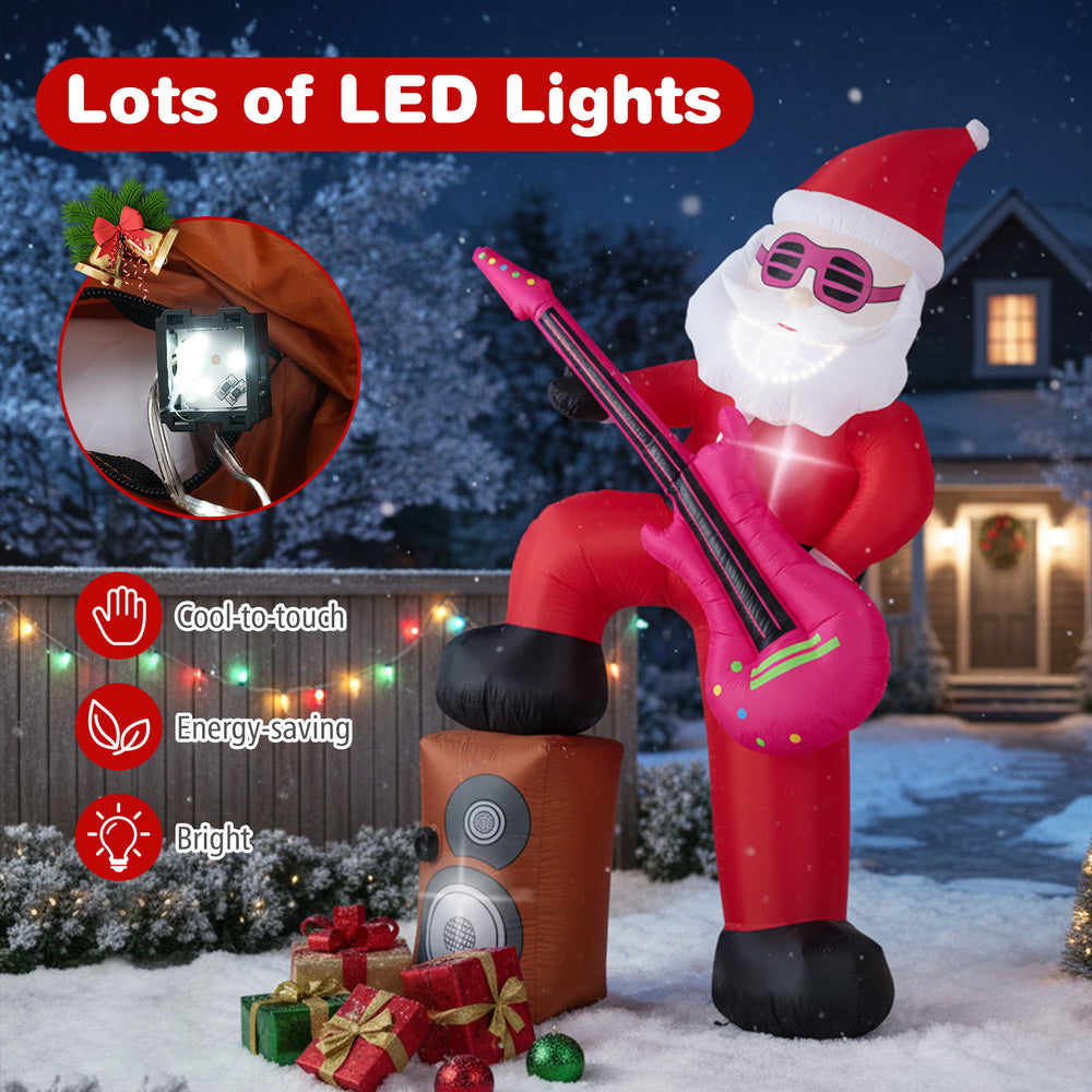 Inflatable 8.4 ft Santa Claus with LED lights, sound-synced effects, and adjustable volume for festive outdoor.