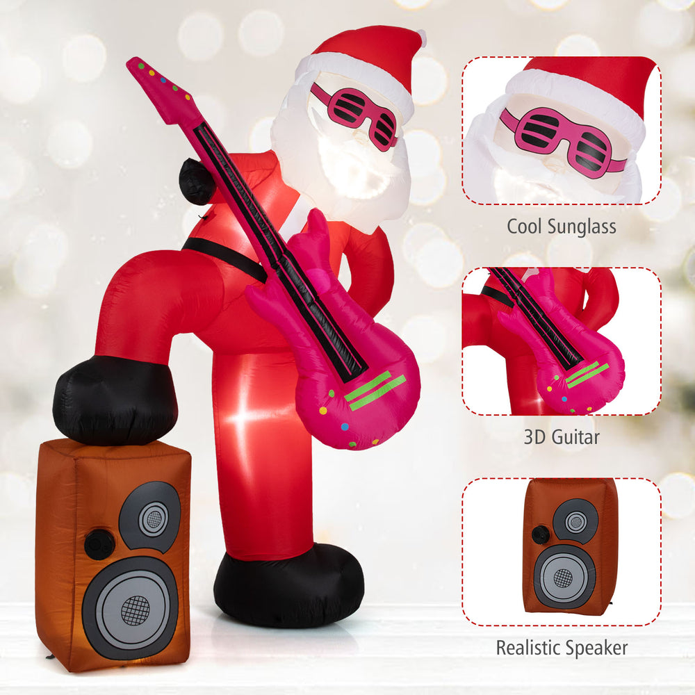 Inflatable Santa Claus with LED lights and sound-synced effects, featuring a guitar and speaker for festive outdoor.