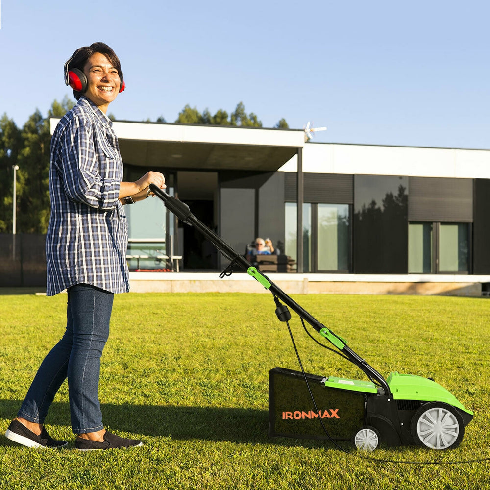 Electric scarifier in use, featuring a 12 Amp motor, collection bag, and adjustable depth for efficient lawn care.