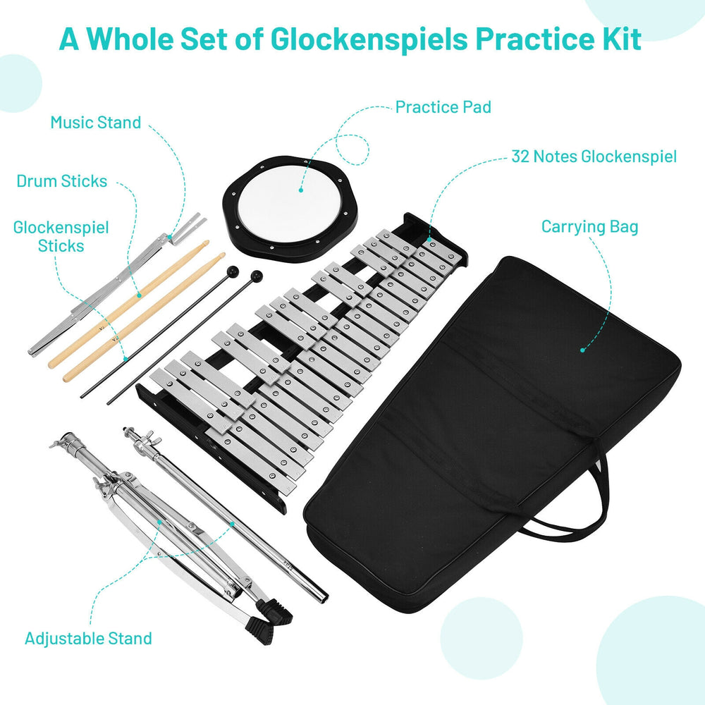 32-note glockenspiel percussion bell kit with adjustable stand, music stand, drum sticks, and carrying bag for.