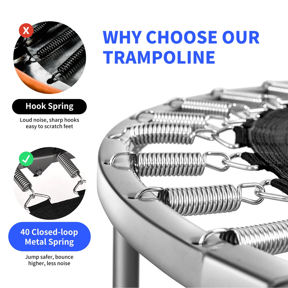 Close-up of the 40 sturdy closed-loop metal springs on the blue 2-person foldable mini trampoline for enhanced safety.