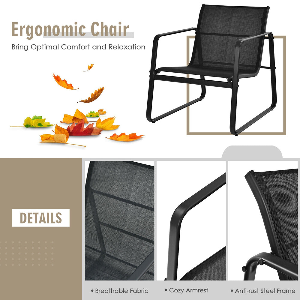 Ergonomic chair with breathable fabric and anti-rust steel frame, perfect for outdoor patio relaxation.
