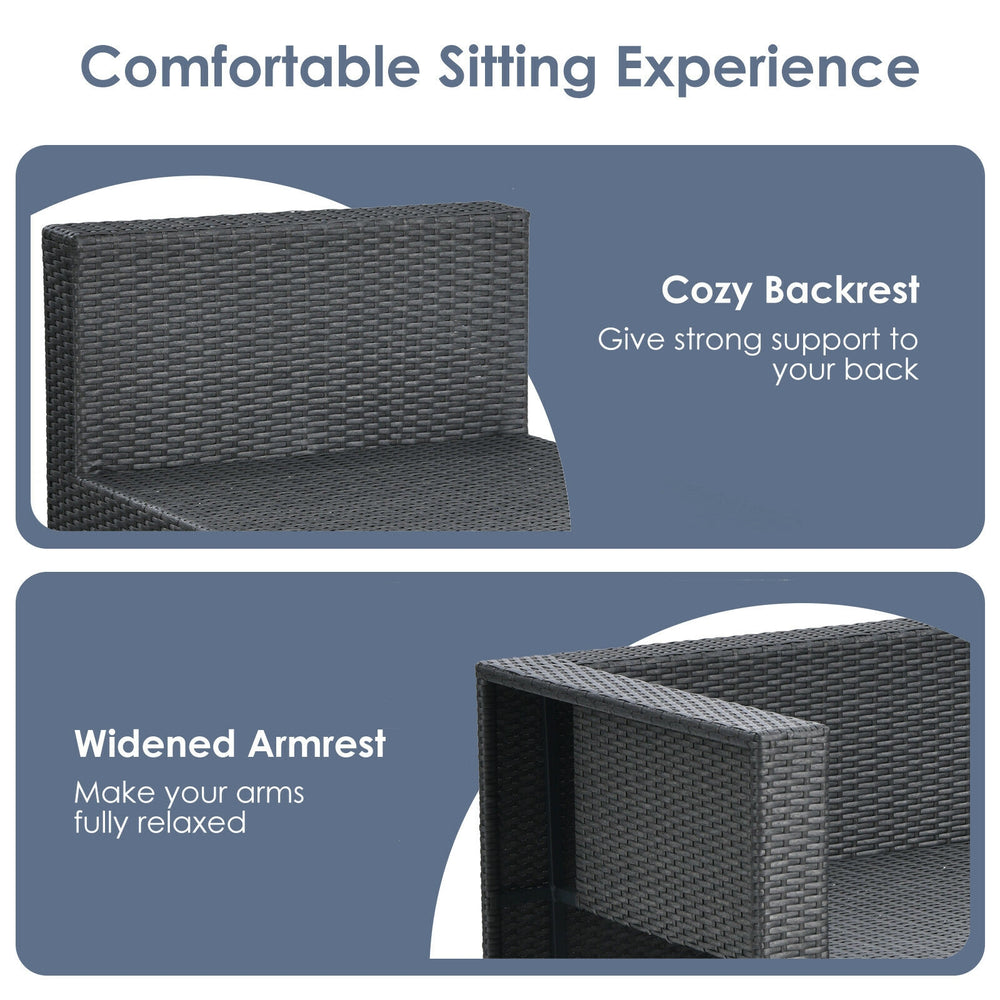 Cozy backrest and widened armrest detail of the 6-piece gray patio rattan furniture set for outdoor relaxation.