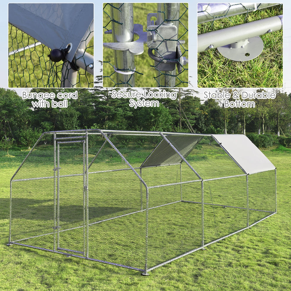 Large walk-in chicken coop with galvanized frame, PVC coated mesh, and waterproof cover for outdoor protection.