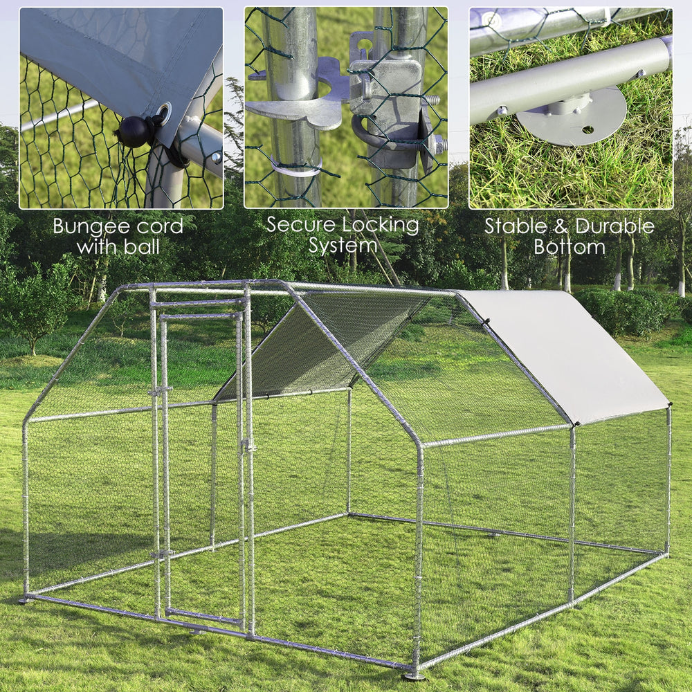 Close-up of the locking system and bungee cord on the large walk-in chicken coop run for secure outdoor use.