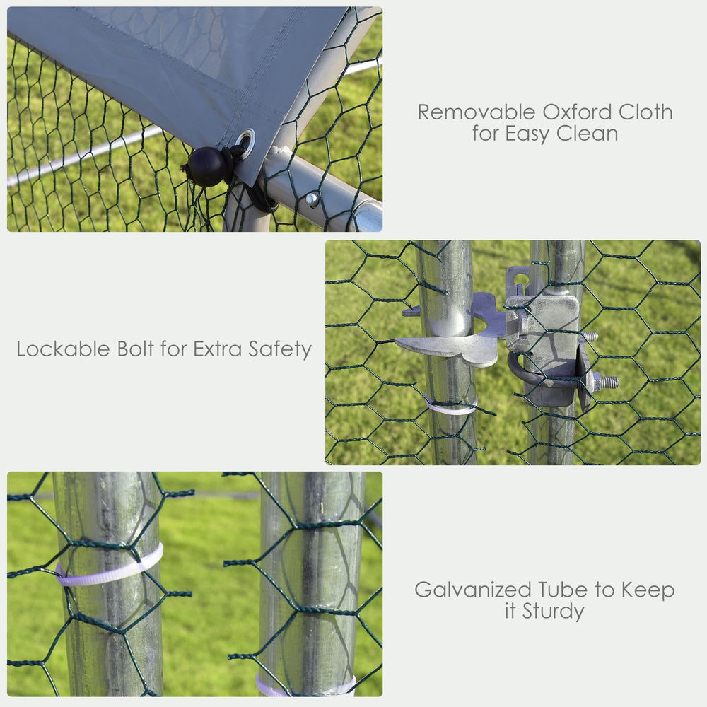 Close-up of the lockable bolt and galvanized tube of the 9.5 x 6.5 feet chicken run cage for added safety and.