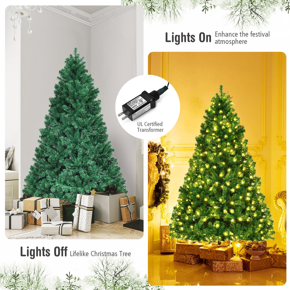 7-foot PVC artificial Christmas tree with warm white LED lights, showcasing a lifelike appearance for festive indoor.