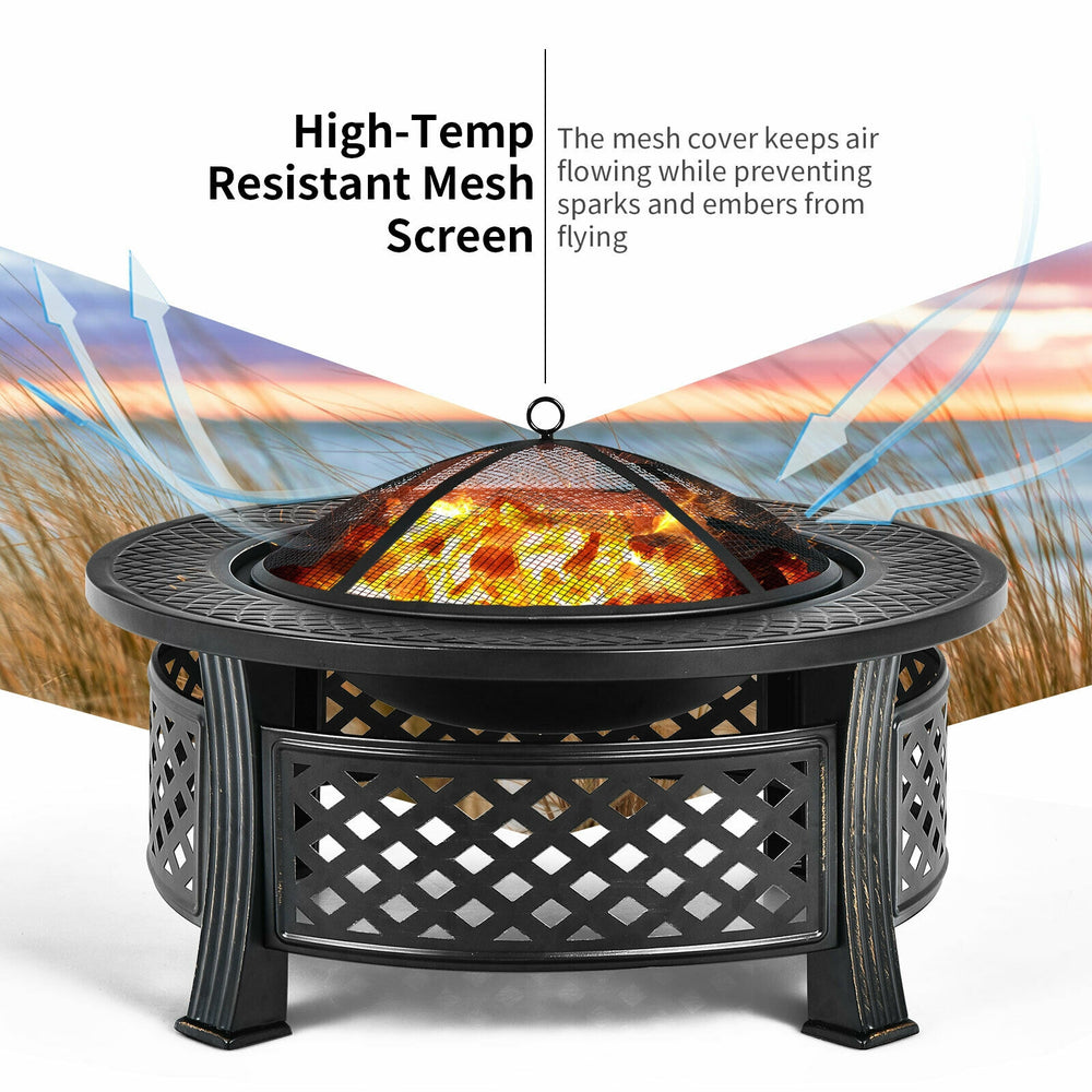 Outdoor fire pit with high-temp resistant mesh screen, ideal for backyard gatherings and BBQ grilling.