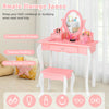 Kids vanity dressing table set in pink with a 360-degree mirror, large storage drawer, and matching stool for makeup.
