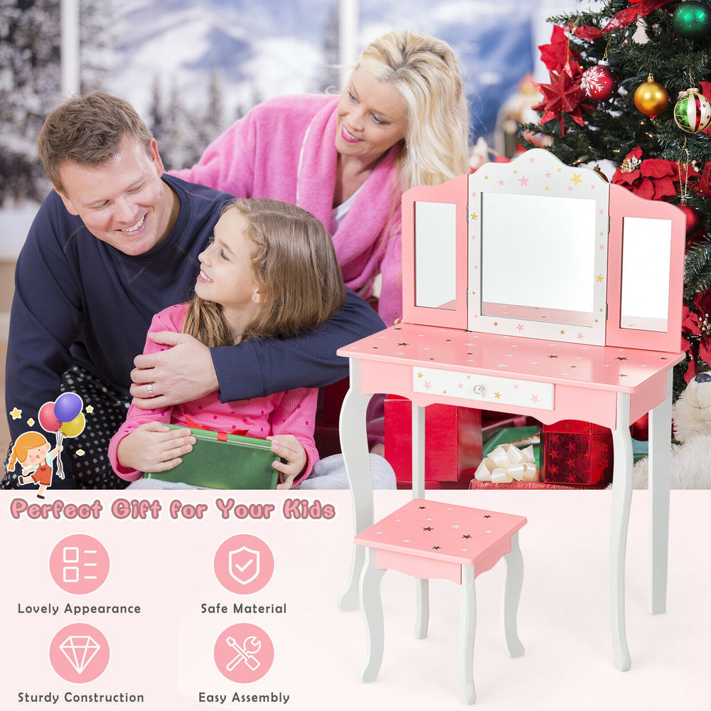 Kids pink vanity table set with tri-folding mirror and drawer, perfect for play or study in a child's room.