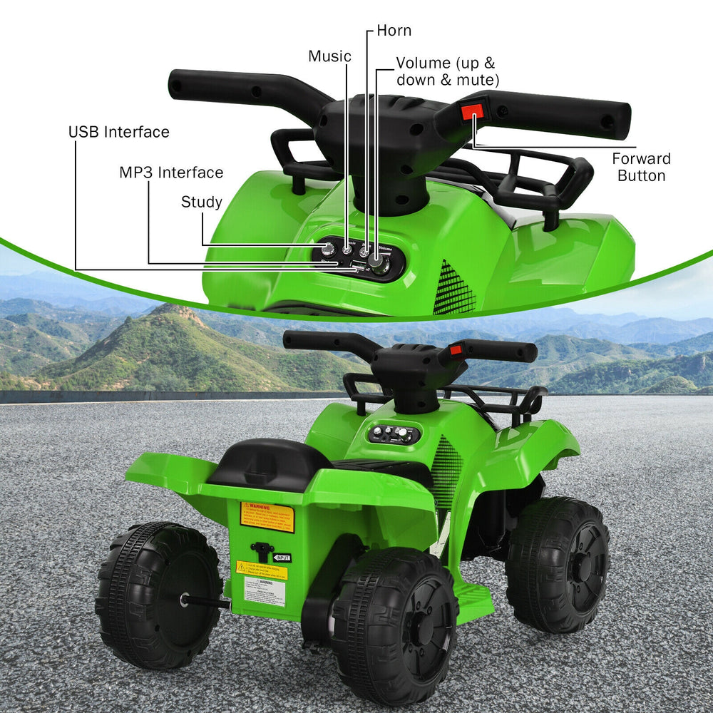 Green 6V kids ATV quad electric ride-on car with MP3 interface, LED light, and stable wheels for safe outdoor fun.