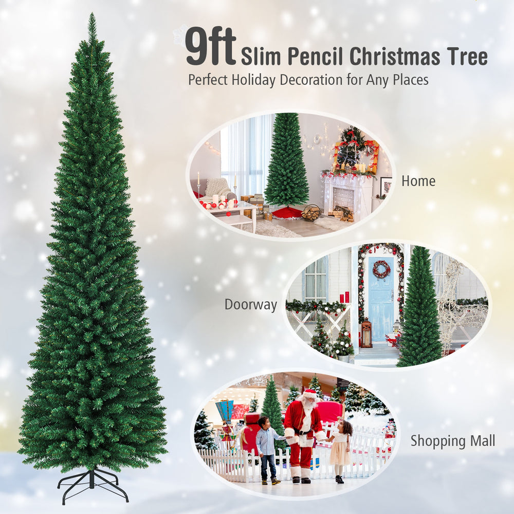 9ft slim pencil Christmas tree with dense PVC needles, perfect for small spaces and holiday decorations.