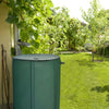 Portable 53-gallon collapsible rain barrel in a garden, designed for collecting rainwater while blocking debris.