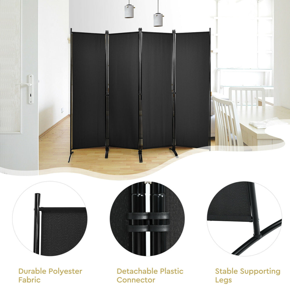 4-panel black room divider with durable polyester fabric and sturdy steel frame, ideal for indoor and outdoor privacy.