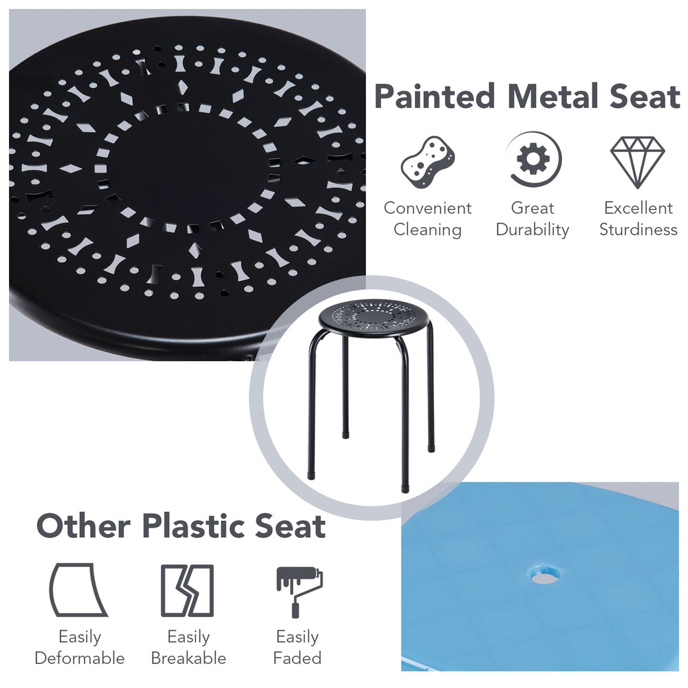 Black backless round metal stool with daisy design, stackable for efficient storage, suitable for indoor and outdoor.