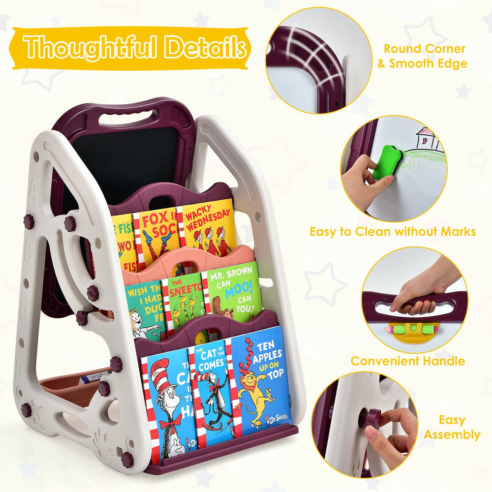 3-in-1 kids art easel with double-sided whiteboard and chalkboard, featuring adjustable height and convenient storage.